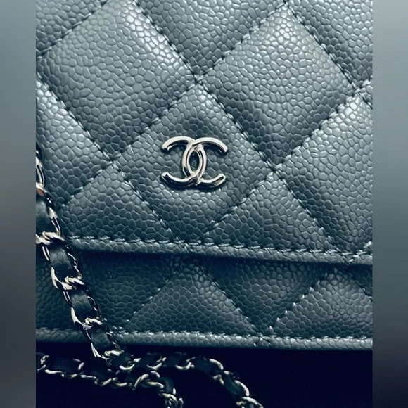 🔥CHANEL Quilted Vegan Leather Chain Crossbody sterling Gray wallet on chain - Picture 5 of 14